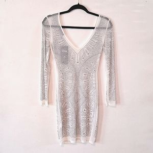 V-Neck Rhinestone Studded Sheer Mesh Swim Cover Up Dress